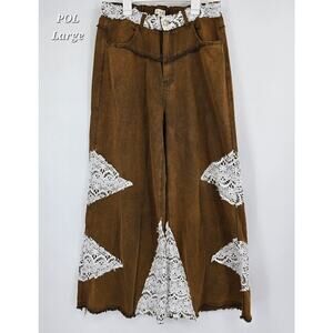 POL Boho Cottagecore Brown Wide Leg Pants with White Lace Inset Large NWOT